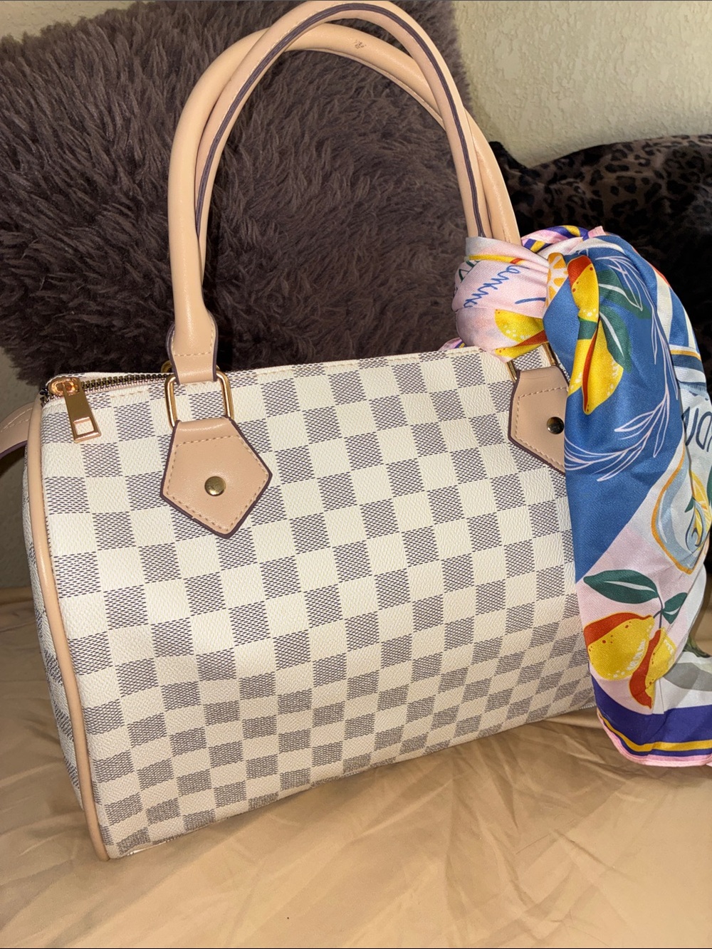 Checkered Handbag Faux Leather Satchel cream off-white grey